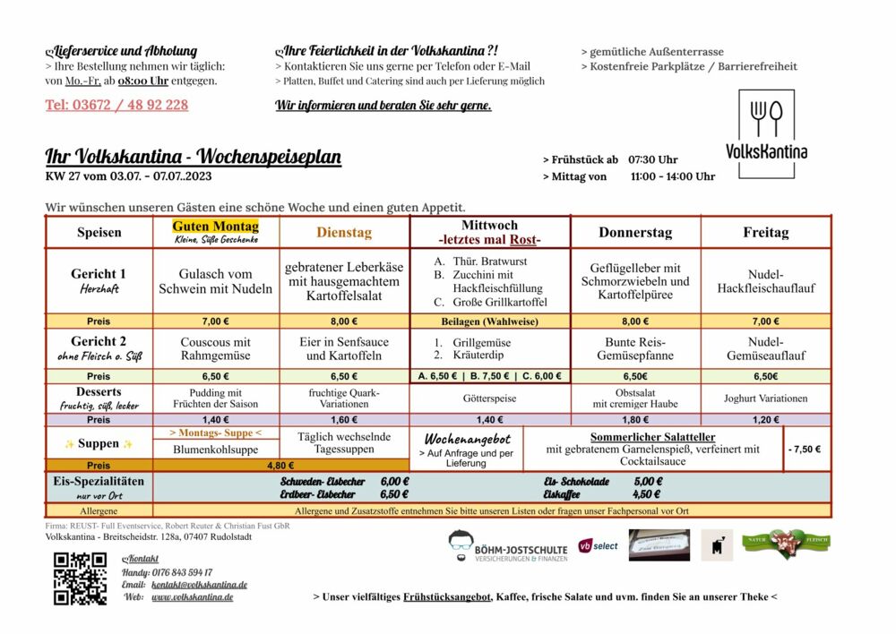 Speiseplan Mittagstisch Rudolstadt - Volkskantina & Black Phoenix